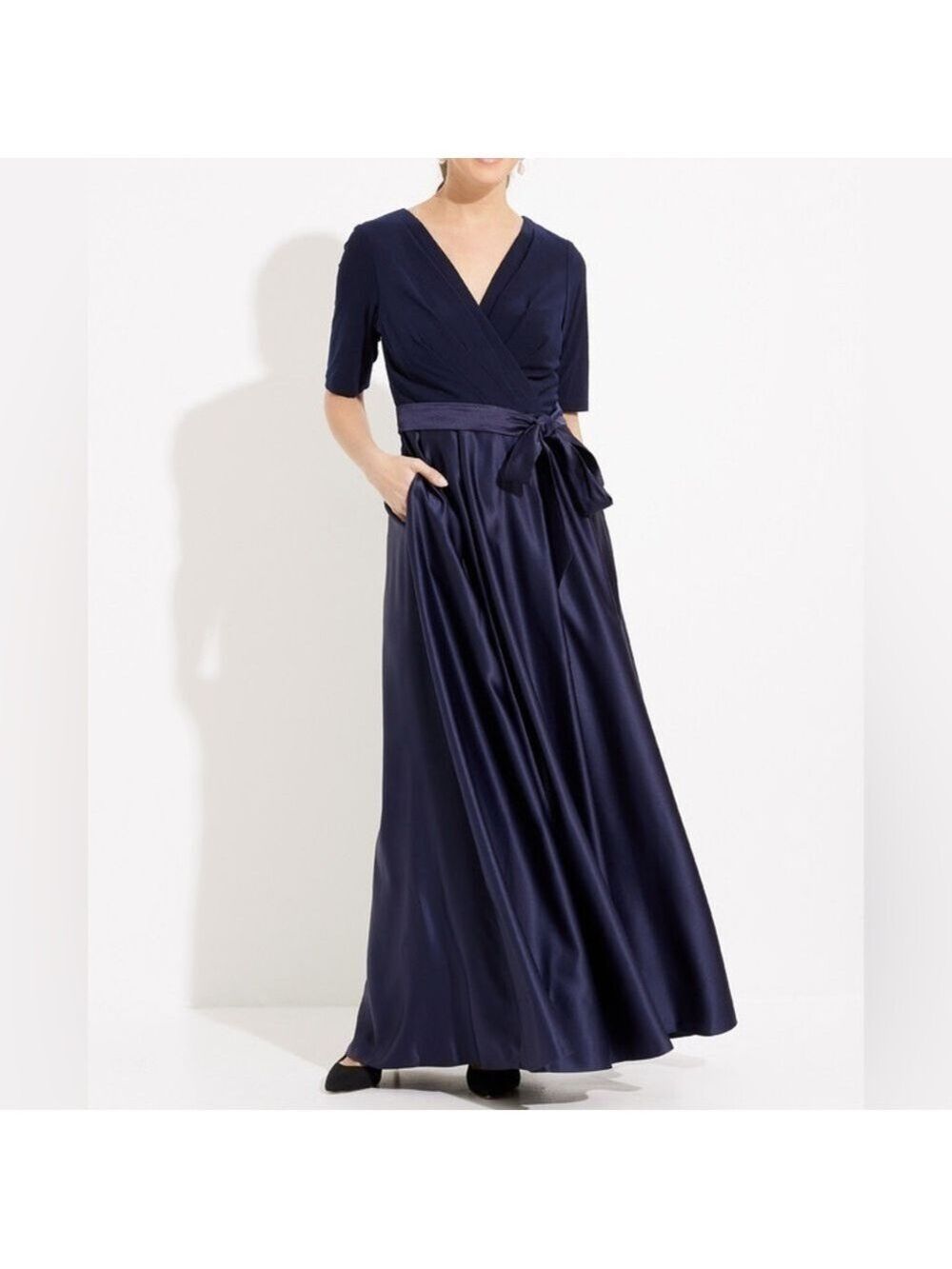 Alex Evenings Wrap Front Satin Style A-Line Maxi Evening Dress with Pockets